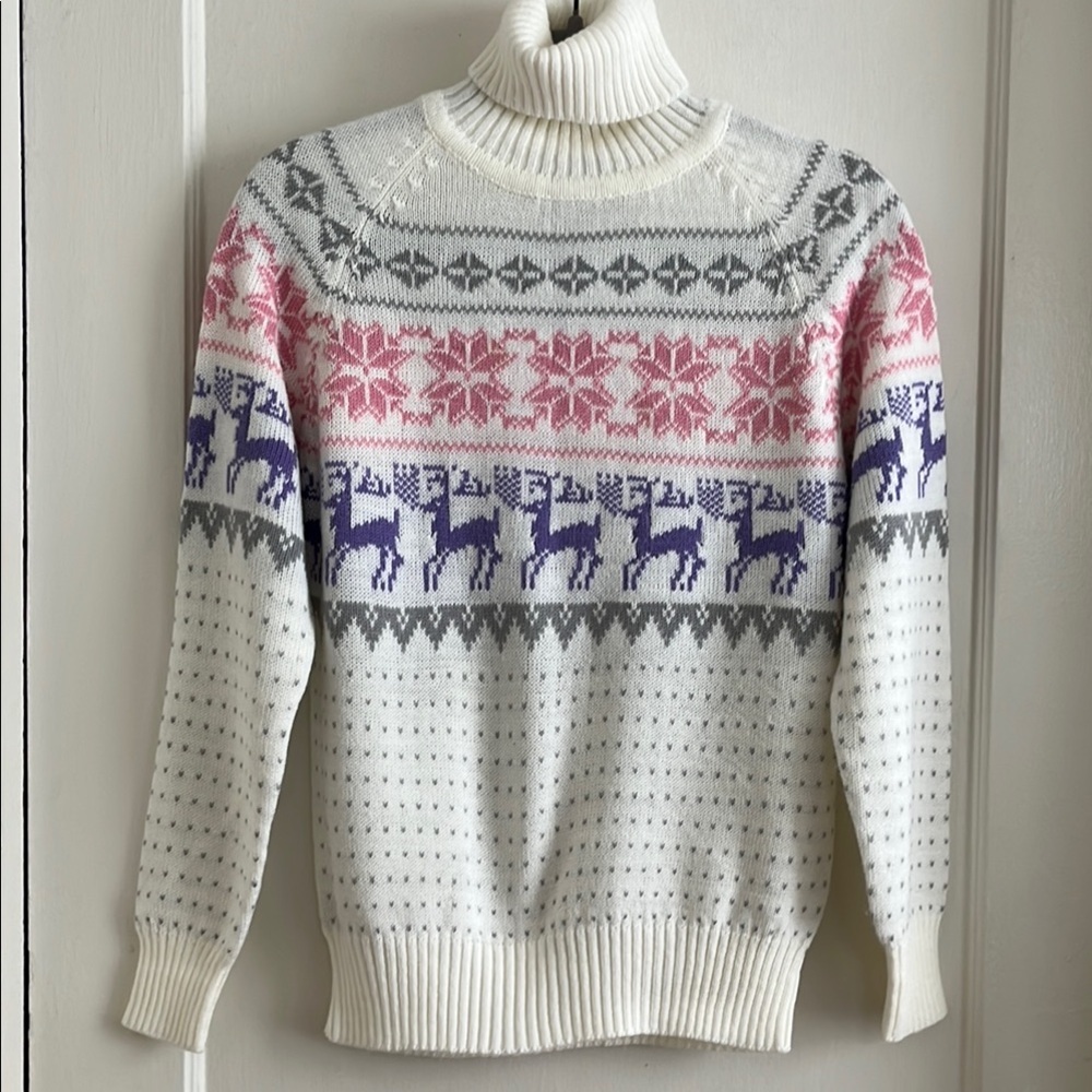 Women's White and Pink Turtleneck Sweater